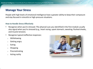 Emotional Intelligence: A Scientifically Proven Method for Developing the Skills of Success
People with high levels of emotional intelligence have a greater ability to keep their composure
and stay focused in stressful or high-pressure situations.
How to Handle Stress Effectively
• Recognize when you’re stressed. The physical cues you identified in the first module usually
also signal when you’re stressed (e.g., heart racing, upset stomach, sweating, flushed cheeks,
and muscle tension).
• Recognize typical ineffective responses:
o Withdrawing
o Getting angry
o Eating
o Shopping
o Procrastinating
o Acting rashly
Manage Your Stress
 