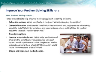 Emotional Intelligence: A Scientifically Proven Method for Developing the Skills of Success
Basic Problem Solving Process
Follow these steps to help ensure a thorough approach to solving problems.
• Define the problem. What, specifically, is the issue? What isn’t part of the problem?
• Gather information. What are the facts? What interpretations and judgments are you making
about the facts? What interpretations and judgments are others making? How do you feel
about the situation? How do others feel?
• Brainstorm options.
• Evaluate potential solutions. What is the ideal outcome?
What are the benefits and risks associated with each
option? Which option would create the greatest level of
satisfaction among those affected? Which option would
create the lowest level of satisfaction?
• Choose and implement the best option.
Improve Your Problem Solving Skills Part 2
 