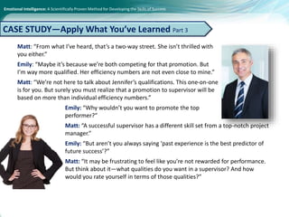 Emotional Intelligence: A Scientifically Proven Method for Developing the Skills of Success
Matt: “From what I’ve heard, that’s a two-way street. She isn’t thrilled with
you either.”
Emily: “Maybe it’s because we’re both competing for that promotion. But
I’m way more qualified. Her efficiency numbers are not even close to mine.”
Matt: “We’re not here to talk about Jennifer’s qualifications. This one-on-one
is for you. But surely you must realize that a promotion to supervisor will be
based on more than individual efficiency numbers.”
Emily: “Why wouldn’t you want to promote the top
performer?”
Matt: “A successful supervisor has a different skill set from a top-notch project
manager.”
Emily: “But aren’t you always saying ‘past experience is the best predictor of
future success’?”
Matt: “It may be frustrating to feel like you’re not rewarded for performance.
But think about it—what qualities do you want in a supervisor? And how
would you rate yourself in terms of those qualities?”
CASE STUDY—Apply What You’ve Learned Part 3
 