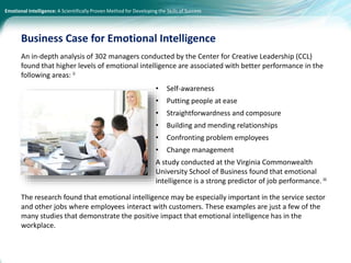 Emotional Intelligence: A Scientifically Proven Method for Developing the Skills of Success
An in-depth analysis of 302 managers conducted by the Center for Creative Leadership (CCL)
found that higher levels of emotional intelligence are associated with better performance in the
following areas: ii
The research found that emotional intelligence may be especially important in the service sector
and other jobs where employees interact with customers. These examples are just a few of the
many studies that demonstrate the positive impact that emotional intelligence has in the
workplace.
Business Case for Emotional Intelligence
• Self-awareness
• Putting people at ease
• Straightforwardness and composure
• Building and mending relationships
• Confronting problem employees
• Change management
A study conducted at the Virginia Commonwealth
University School of Business found that emotional
intelligence is a strong predictor of job performance. iii
 