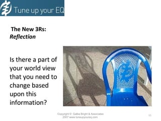   The New 3Rs:  Reflection Is there a part of your world view that you need to change based upon this information? Copyright  ©  Galba Bright & Associates 2007 www.tuneupyoureq.com  