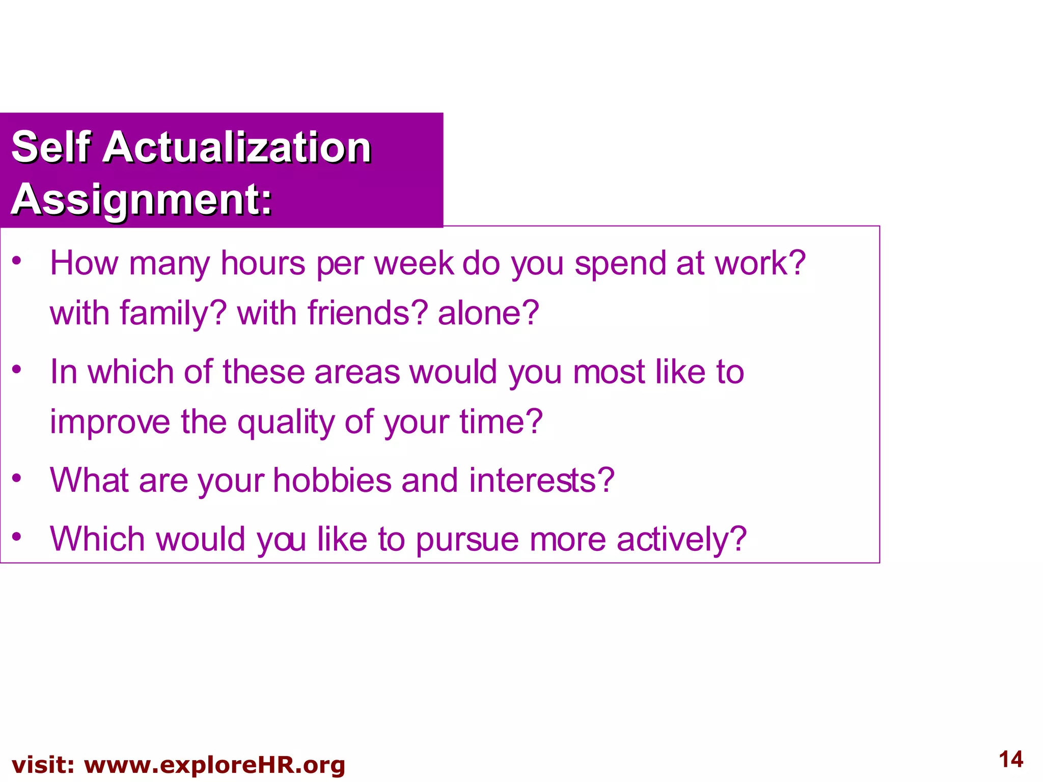 Self Actualization Assignment: How many hours per week do you spend at work? with family? with friends? alone? In which of these areas would you most like to improve the quality of your time? What are your hobbies and interests? Which would you like to pursue more actively? 