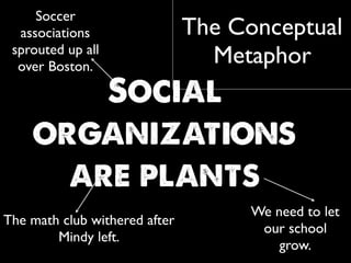 The Conceptual
Metaphor
Social
organizations
are plants
The math club withered after
Mindy left.
We need to let
our school
grow.
Soccer
associations
sprouted up all
over Boston.
 