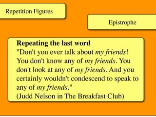 Epistrophe
Repeating the last word
"Don't you ever talk about my friends!
You don't know any of my friends. You
don't look at any of my friends. And you
certainly wouldn't condescend to speak to
any of my friends."
(Judd Nelson in The Breakfast Club)
Repetition Figures
 