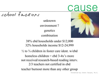 school factors
                                          cause
                       unknown
                     environment ?
                        genetics
                      combination
          38% ebd households under $12,000
          32% households income $12-24,999
       ½ to ¾ children in foster care ident. w/ebd
          homeless children = ebd 3-4x’s more
       not received research-based reading interv.
             2/3 teachers not certified in ebd
       teacher burnout more than any other group
                                            Presented by: Brent Daigle, Ph.D.
 