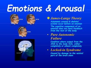Emotions & Arousal
James-Lange Theory
Autonomic arousal & skeletal
actions occur before an emotion
The cognitive component of an
emotion does not need feedback
from the rest of the body
• Pure Autonomic
Failure
Condition where output from the
ANS to the body fails, either
completely or almost completely
• Locked-in Syndrome
Caused by damage to the ventral
part of the brain stem
 
