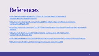 References
•http://www.businessesgrow.com/2012/02/01/the-six-stages-of-emotional-
branding/#sthash.nmMhmETA.dpuf
•http://www.marketingprofs.com/articles/2014/26405/five-tips-for-effective-emotional-
branding#ixzz3Xqq0nD9A
•http://602communications.com/2013/02/nike-brand-strategy-emotional-branding-using-the-story-of-
heroism/
•http://www.techzim.co.zw/2014/08/emotional-branding-love-affair-consumers-
brands/#sthash.452gqtjs.dpuf
•http://www.adweek.com/socialtimes/emotional-branding-emotionally-intelligent-consumer/141454
•http://www.creativebloq.com/branding/amazing-uses-colour-6133196
24
 