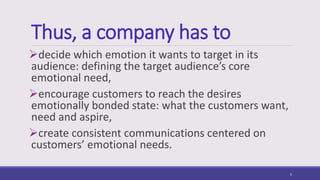Thus, a company has to
decide which emotion it wants to target in its
audience: defining the target audience’s core
emotional need,
encourage customers to reach the desires
emotionally bonded state: what the customers want,
need and aspire,
create consistent communications centered on
customers’ emotional needs.
5
 