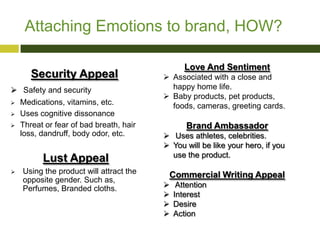 Attaching Emotions to brand, HOW?
Security Appeal
 Safety and security
 Medications, vitamins, etc.
 Uses cognitive dis...