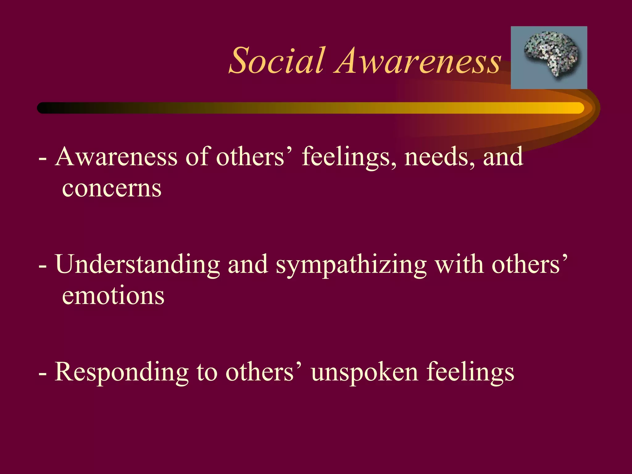 Social Awareness  - Awareness of others’ feelings, needs, and concerns - Understanding and sympathizing with others’ emotions - Responding to others’ unspoken feelings 