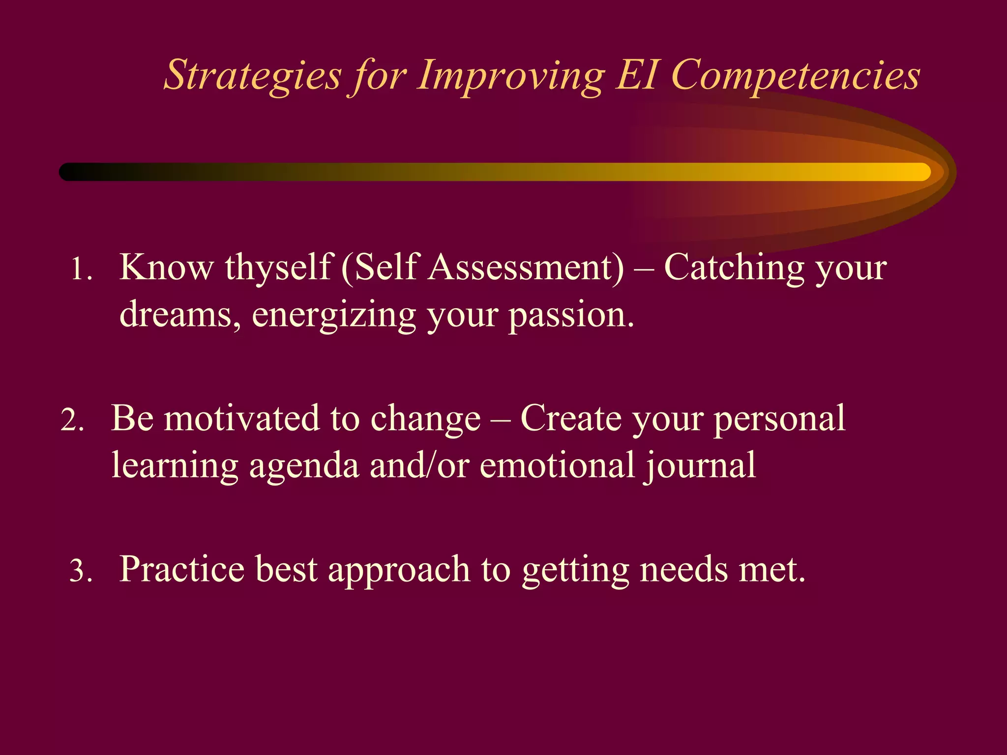 Strategies for Improving EI Competencies 1.  Know thyself (Self Assessment) – Catching your dreams, energizing your passion. 2.  Be motivated to change – Create your personal learning agenda and/or emotional journal 3.  Practice best approach to getting needs met. 