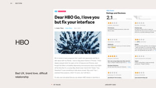 001
BY INUSE JANUARY 2020
SECTION
Bad UX, brand love, difficult
relationship
HBO
 