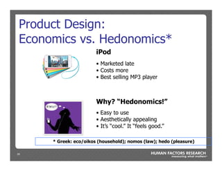 20
Product Design:
Economics vs. Hedonomics*
Why? “Hedonomics!”
* Greek: eco/oikos (household); nomos (law); hedo (pleasure)
•  Marketed late
•  Costs more
•  Best selling MP3 player
iPod
•  Easy to use
•  Aesthetically appealing
•  It’s “cool.” It “feels good.”
 