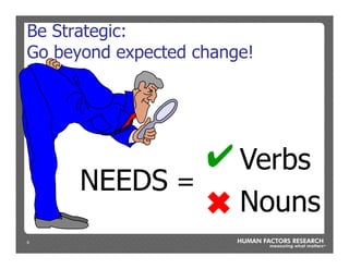 8
Be Strategic:
Go beyond expected change!
NEEDS =
Verbs✔
Nouns✖
 