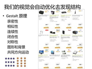 我们的视觉会自动优化去収现结构
• Gestalt 原理
  亲密性
  相似性
  连续性
  闭合性
  对称性
  图形和背景
  共同方向运动
 