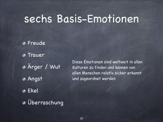 sechs Basis-Emotionen
Freude

Trauer 

Ärger / Wut 

Angst 

Ekel 

Überraschung

12
Diese Emotionen sind weltweit in allen
Kulturen zu finden und können von
allen Menschen relativ sicher erkannt
und zugeordnet werden
 
