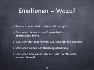 Emotionen - Wozu?
Basisemotionen sind in allen Kulturen gleich

Emotionen dienen in der Kommunikation zur
Beziehungsklärung

Wie sieht der andere mich Wie sehe ich den anderen

Emotionen dienen der Handlungssteuerung

Emotionen sind wesentlich für unser Verständnis
unserer Umwelt
13
 