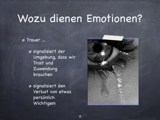 Wozu dienen Emotionen?
Trauer ...

signalisiert der
Umgebung, dass wir
Trost und
Zuwendung
brauchen

signalisiert den
Verlust von etwas
persönlich
Wichtigem
15
 