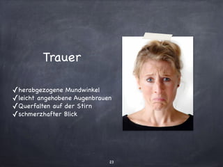 © Hemsing personalis 2007 Emotionale Kompetenz
Welche Emotion zeigt sie?
Trauer
herabgezogene Mundwinkel
leicht angehobene
Augenbrauen
Querfalten auf der Stirn
schmerzhafter Blick
Trauer
✓herabgezogene Mundwinkel

✓leicht angehobene Augenbrauen

✓Querfalten auf der Stirn

✓schmerzhafter Blick
23
 