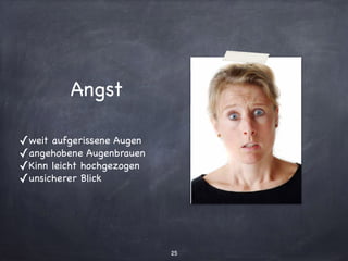 © Hemsing personalis 2007 Emotionale Kompetenz
Welche Emotion zeigt sie?
Angst
weit aufgerissene Augen
angehobene Augenbrauen
Kinn leicht hochgezogen
unsicherer Blick
Angst
✓weit aufgerissene Augen

✓angehobene Augenbrauen

✓Kinn leicht hochgezogen

✓unsicherer Blick
25
 