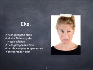© Hemsing personalis 2007 Emotionale Kompetenz
Welche Emotion zeigt sie?
Ekel
hochgezogene Nase
starke Betonung der
Nasolabialfalten
hochgezogenes Kinn
herabgezogene Augenbrauen
abwehrender Blick
Ekel
✓hochgezogene Nase

✓starke Betonung der
Nasobialfalten

✓hochgezognenes Kinn

✓herabgezogene Augenbrauen

✓abwehrender Blick
26
 