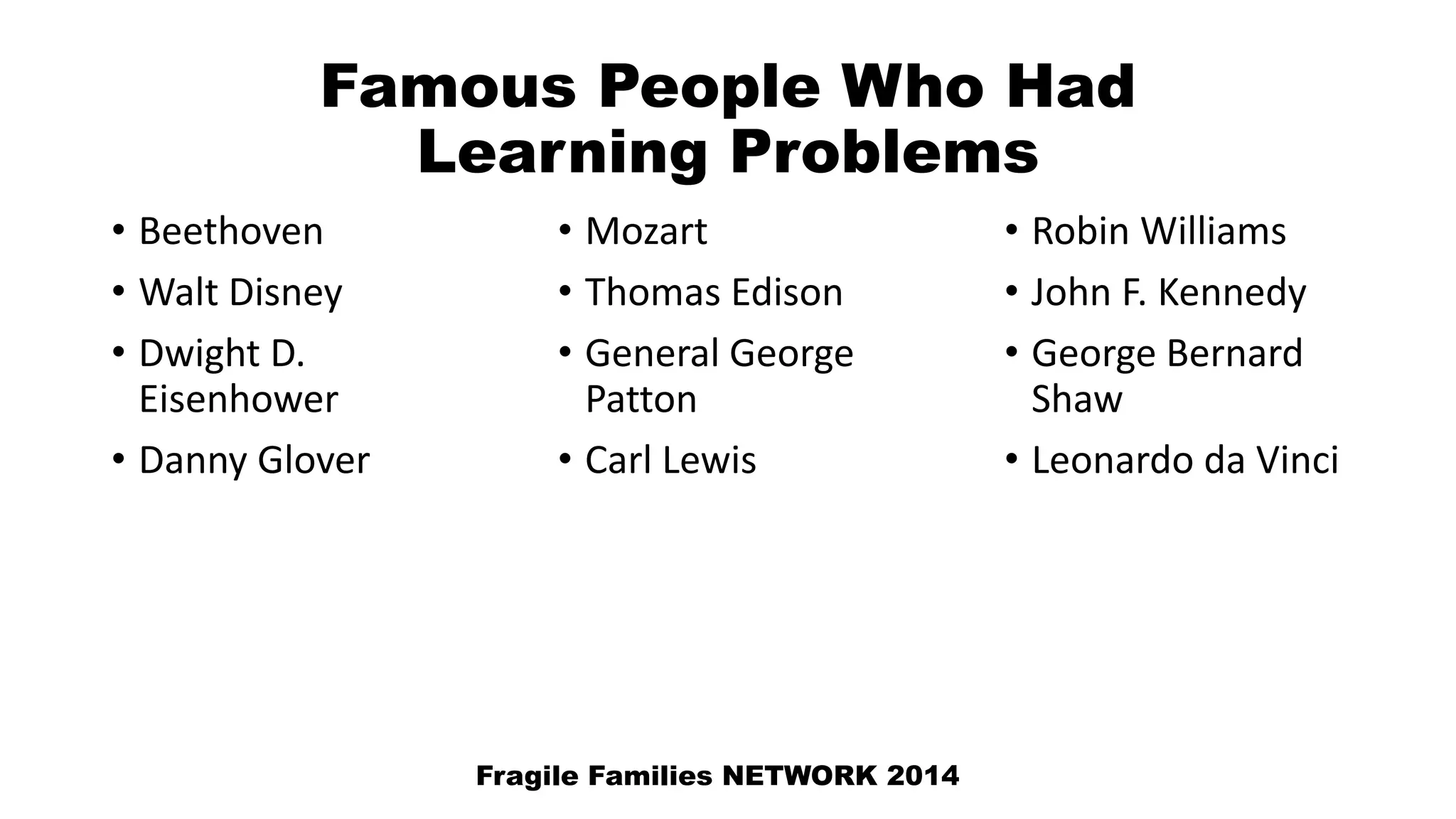 Famous People Who Had
Learning Problems
Fragile Families NETWORK 2014
• Beethoven
• Walt Disney
• Dwight D.
Eisenhower
• Danny Glover
• Mozart
• Thomas Edison
• General George
Patton
• Carl Lewis
• Robin Williams
• John F. Kennedy
• George Bernard
Shaw
• Leonardo da Vinci