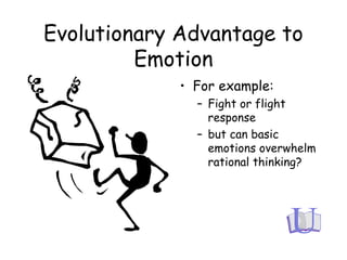 Evolutionary Advantage to
Emotion
• For example:
– Fight or flight
response
– but can basic
emotions overwhelm
rational thinking?
 