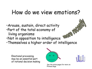 How do we view emotions?
•Arouse, sustain, direct activity
•Part of the total economy of
living organisms
•Not in opposition to intelligence
•Themselves a higher order of intelligence
See the notes pages for more on
Phineas Gage
Emotional processing
may be an essential part
of rational decision making
 