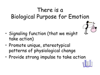 There is a
Biological Purpose for Emotion
• Signaling function (that we might
take action)
• Promote unique, stereotypical
patterns of physiological change
• Provide strong impulse to take action
 