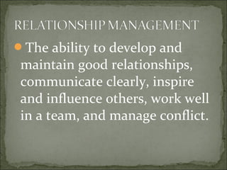 The ability to develop and
maintain good relationships,
communicate clearly, inspire
and influence others, work well
in a team, and manage conflict.
 