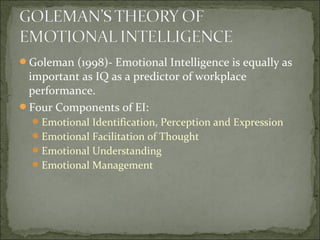 Goleman (1998)- Emotional Intelligence is equally as
important as IQ as a predictor of workplace
performance.
Four Components of EI:
Emotional Identification, Perception and Expression
Emotional Facilitation of Thought
Emotional Understanding
Emotional Management
 