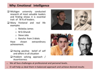  Michigan university conducted
research of most valuable leaders
and finding shows it is essential
trait of 78 % of leaders.
 Many frictional and real life
examples
o Nickolas James
o M G Ghandi
o Steve Jobs
o Rancho from 3 idiots
Have shown extraordinary
achievement.
 Having positive belief of self
and others in all situation
 Problem solving approach /
Assertiveness
Why: Emotional Intelligence
o We all face challenges at professional and personal levels.
o EI will help us deal them in balanced approach and achieve desired results
 