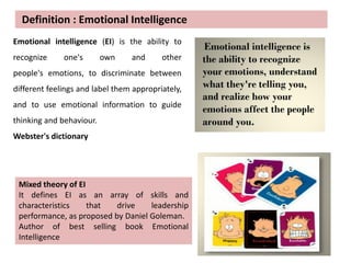 Definition : Emotional Intelligence
Emotional intelligence (EI) is the ability to
recognize one's own and other
people's emotions, to discriminate between
different feelings and label them appropriately,
and to use emotional information to guide
thinking and behaviour.
Webster's dictionary
Mixed theory of EI
It defines EI as an array of skills and
characteristics that drive leadership
performance, as proposed by Daniel Goleman.
Author of best selling book Emotional
Intelligence
 