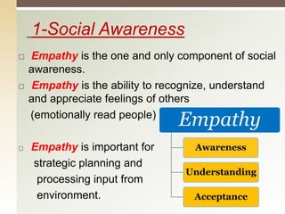 1-Social Awareness
 Empathy is the one and only component of social
awareness.
 Empathy is the ability to recognize, understand
and appreciate feelings of others
(emotionally read people)
 Empathy is important for
strategic planning and
processing input from
environment.
Empathy
Awareness
Understanding
Acceptance
 