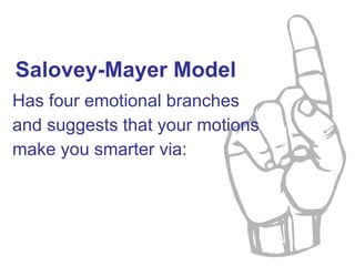 Salovey-Mayer Model Has four emotional branches  and suggests that your motions  make you smarter via: 