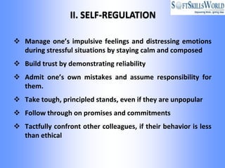  Manage one’s impulsive feelings and distressing emotions
  during stressful situations by staying calm and composed
 Build trust by demonstrating reliability
 Admit one’s own mistakes and assume responsibility for
  them.
 Take tough, principled stands, even if they are unpopular
 Follow through on promises and commitments
 Tactfully confront other colleagues, if their behavior is less
  than ethical
 