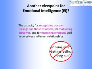 Another viewpoint for
   Emotional Intelligence (EI)?


The capacity for recognizing our own
feelings and those of others, for motivating
ourselves, and for managing emotions well
in ourselves and in our relationships.


                          •“Being nice”
                         •Letting feelings
                             hang out”
 