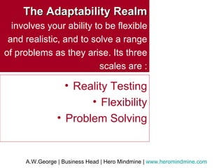 The Adaptability Realm  involves your ability to be flexible and realistic, and to solve a range of problems as they arise. Its three scales are : Reality Testing Flexibility Problem Solving 