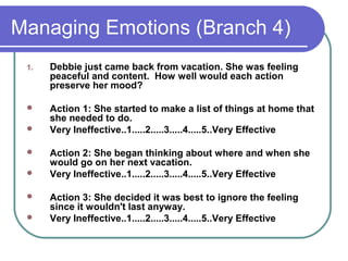 Managing Emotions (Branch 4)
 1.   Debbie just came back from vacation. She was feeling
      peaceful and content. How well would each action
      preserve her mood?

     Action 1: She started to make a list of things at home that
      she needed to do.
     Very Ineffective..1.....2.....3.....4.....5..Very Effective

     Action 2: She began thinking about where and when she
      would go on her next vacation.
     Very Ineffective..1.....2.....3.....4.....5..Very Effective

     Action 3: She decided it was best to ignore the feeling
      since it wouldn't last anyway.
     Very Ineffective..1.....2.....3.....4.....5..Very Effective
 