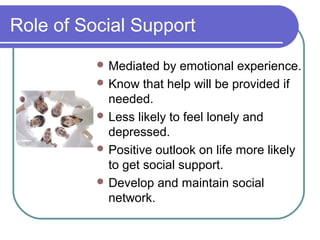 Role of Social Support
           Mediated   by emotional experience.
           Know that help will be provided if
            needed.
           Less likely to feel lonely and
            depressed.
           Positive outlook on life more likely
            to get social support.
           Develop and maintain social
            network.
 
