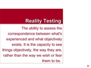 31
Reality TestingReality Testing
The ability to assess the
correspondence between what's
experienced and what objectively...
