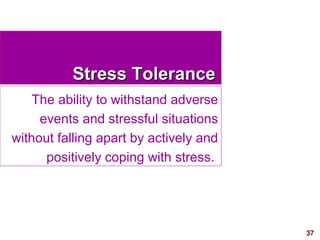 37
Stress ToleranceStress Tolerance
The ability to withstand adverse
events and stressful situations
without falling apart...