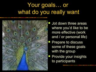 Your goals… or
what do you really want
 Jot down three areas
where you’d like to be
more effective (work
and / or personal life)
 Prepare to discuss
some of these goals
with the group
 Provide your insights
to participants
 