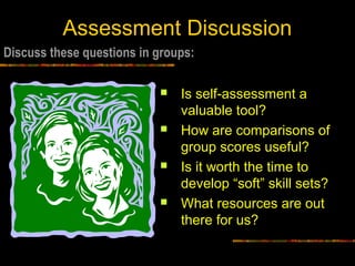 Assessment Discussion
 Is self-assessment a
valuable tool?
 How are comparisons of
group scores useful?
 Is it worth the time to
develop “soft” skill sets?
 What resources are out
there for us?
Discuss these questions in groups:
 