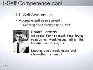 1-Self Competence cont.
• 1.1- Self Awareness
– Accurate self assessment :
oKnowing one’s strength and Limits
Howard Gardner:
we spend far too much time trying
remedy our weaknesses rather than
building our strengths
Knowing one’s weaknesses and
strengths = strength
 