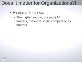 Does it matter for Organizations?!
• Research Findings:
– The higher you go, the more EI
matters, the more social competencies
matters
 