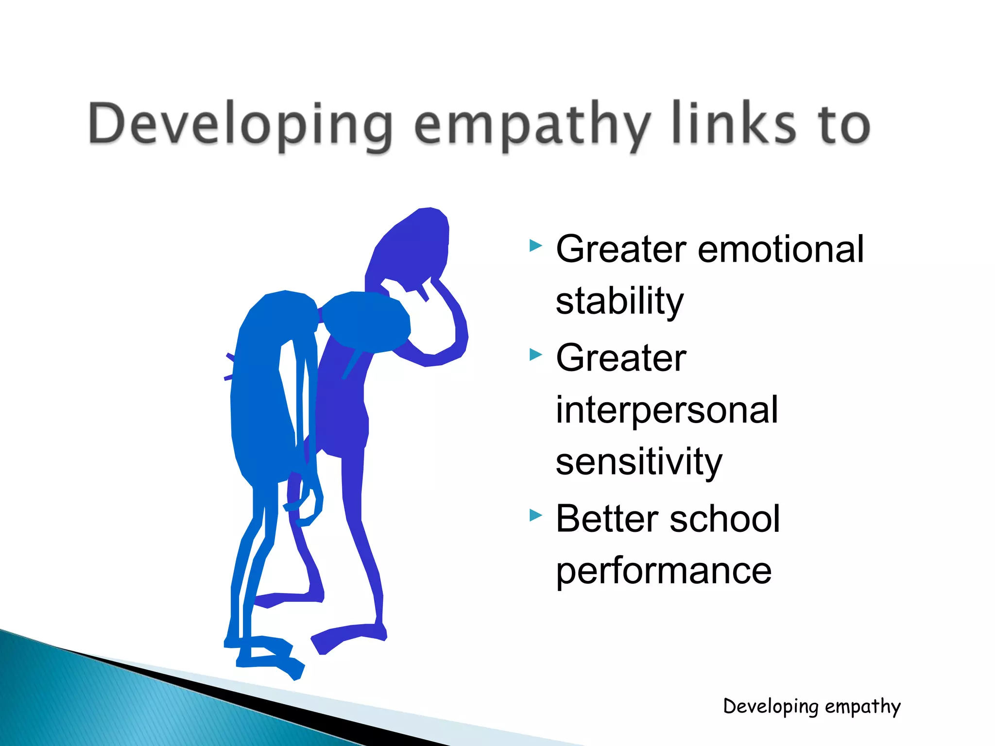  Greater emotional
stability
 Greater
interpersonal
sensitivity
 Better school
performance
Developing empathy
 