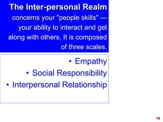 16visit: www.exploreHR.org
The Inter-personal Realm
concerns your "people skills" —
your ability to interact and get
along with others. It is composed
of three scales.
• Empathy
• Social Responsibility
• Interpersonal Relationship
 