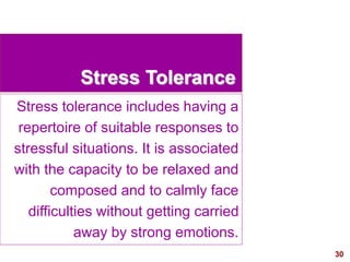 30visit: www.exploreHR.org
Stress Tolerance
Stress tolerance includes having a
repertoire of suitable responses to
stressful situations. It is associated
with the capacity to be relaxed and
composed and to calmly face
difficulties without getting carried
away by strong emotions.
 