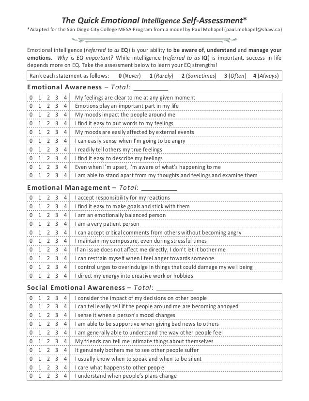 Emotional Intelligence Test Printable Emotional Intelligence Test Printable